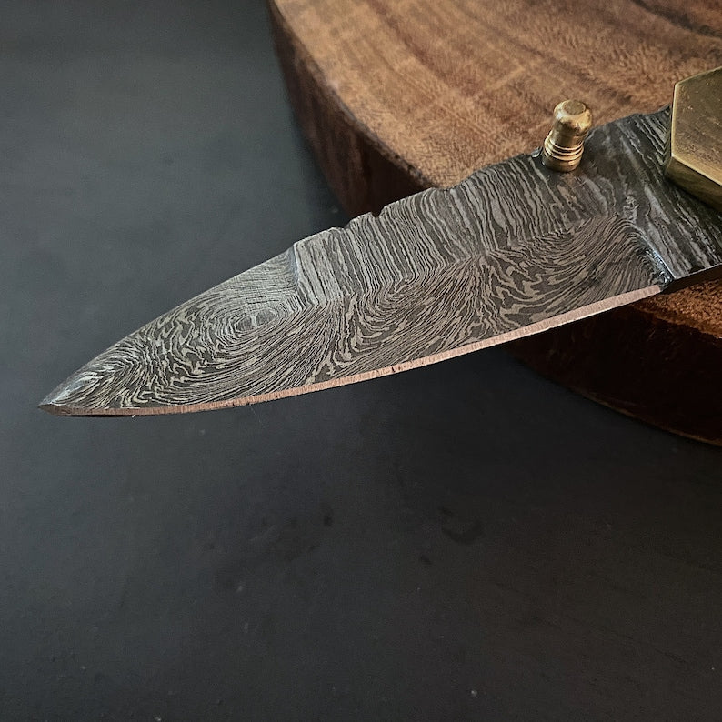 Custom Handmade Damascus Steel Folding Pocket Knife with Genuine Leather Pouch – Hand-Forged EDC Knife