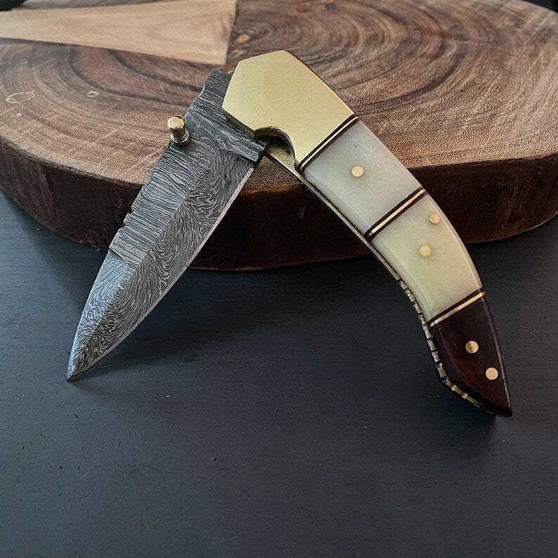 Custom Handmade Damascus Steel Folding Pocket Knife with Genuine Leather Pouch – Hand-Forged EDC Knife