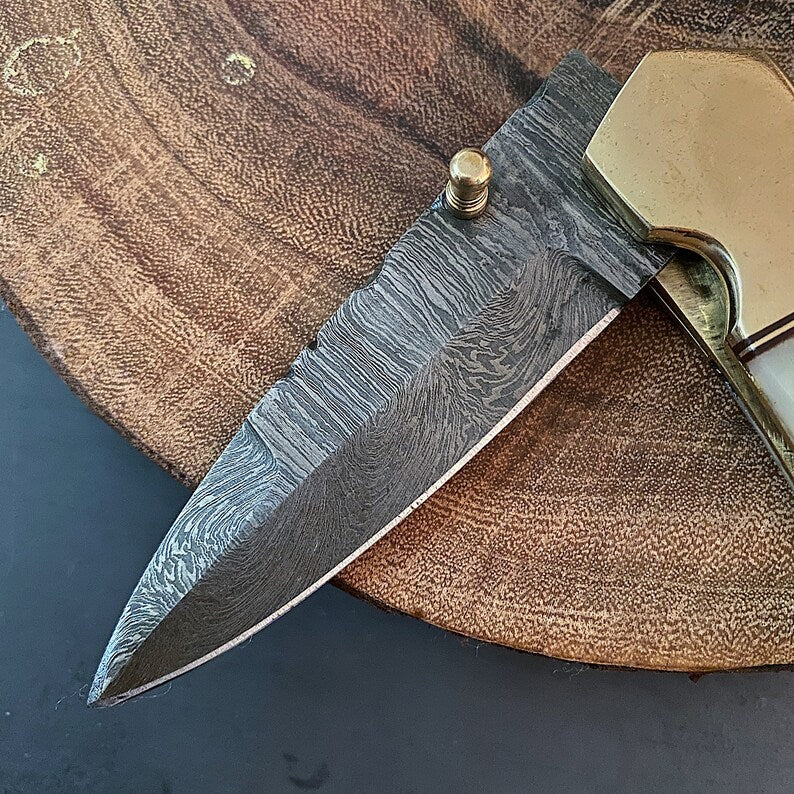 Custom Handmade Damascus Steel Folding Pocket Knife with Genuine Leather Pouch – Hand-Forged EDC Knife