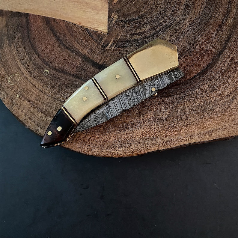 Custom Handmade Damascus Steel Folding Pocket Knife with Genuine Leather Pouch – Hand-Forged EDC Knife