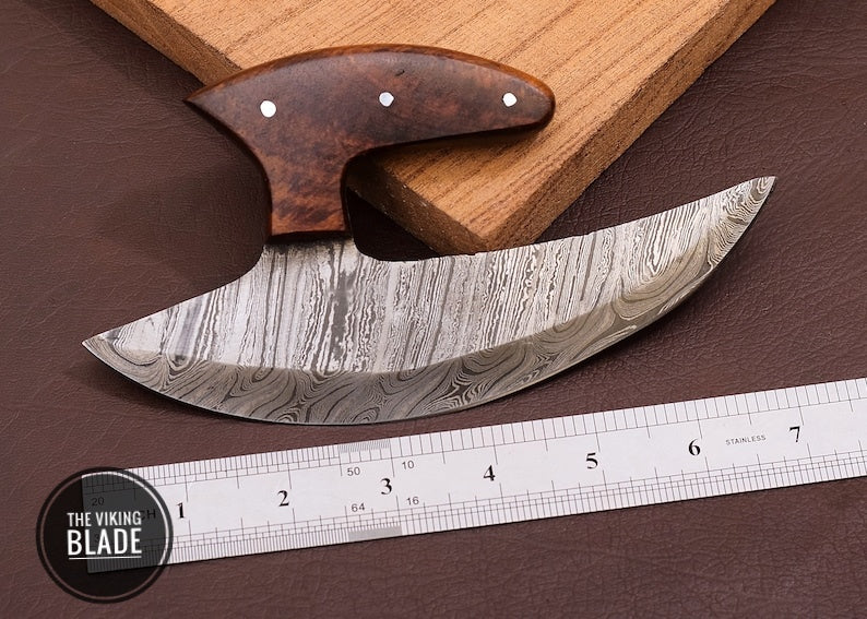 Custom forged Damascus steel Ulu knife set featuring sharp curved blade with handcrafted stand