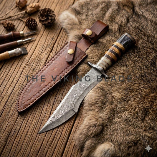 Custom Hand Forged Damascus Steel Hunting Outdoor Bowie Knife With Leather Sheath