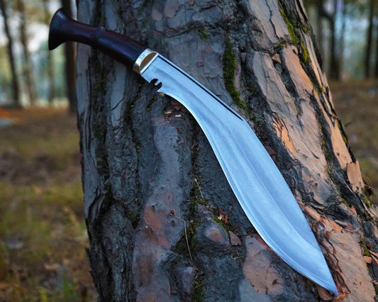 Knife with a wooden handle embedded in a tree trunk in a forest setting