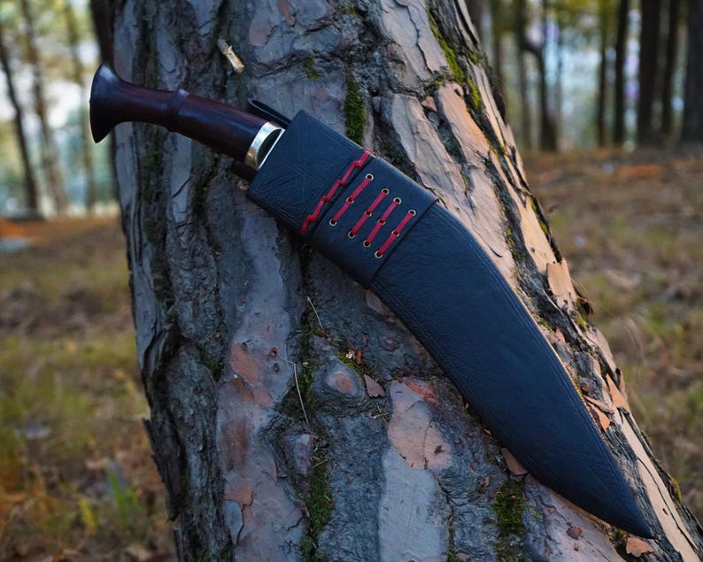 Black knife with red accents on a tree trunk in a forest setting