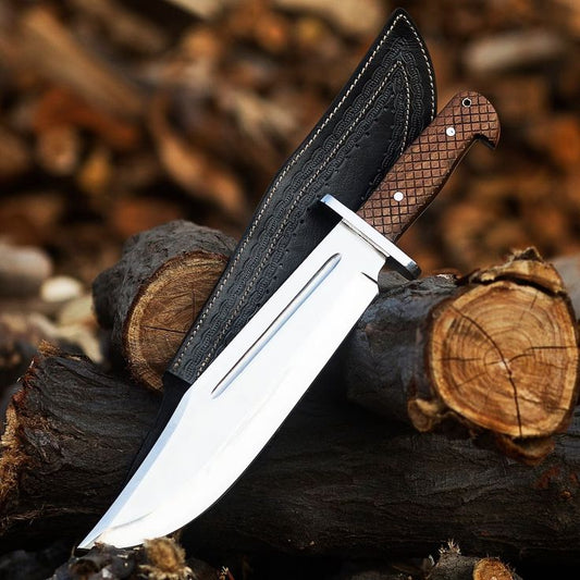 Custom Handmade Collins & Co. Bowie Knife with Full Tang D2 Steel Blade, Engraved Rosewood Handle With Leather Sheath