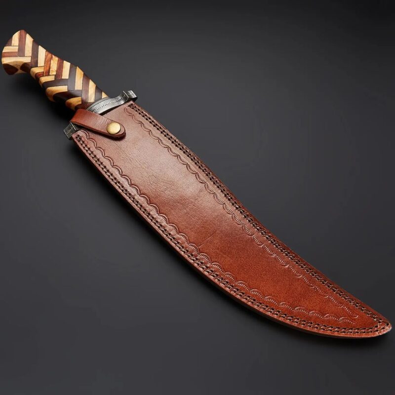 Decorative knife with a wooden handle and leather sheath on a dark background