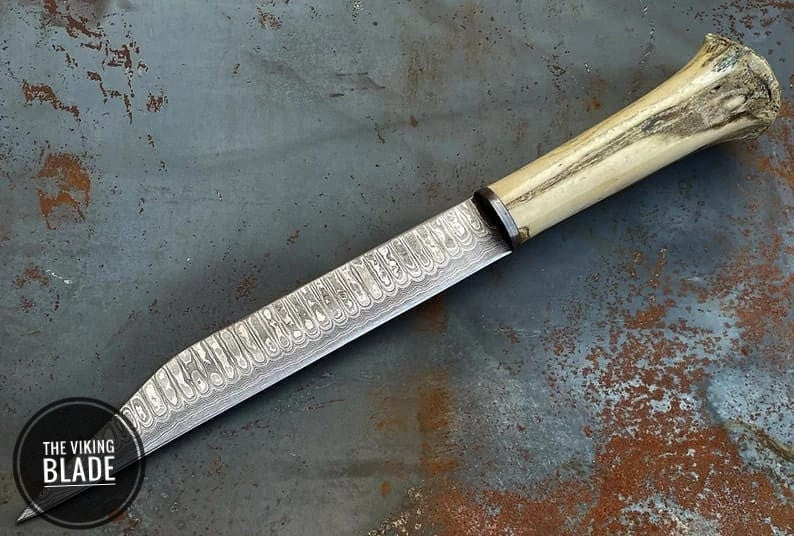 Hand Forged Damascus Steel Seax Knife with Leather Sheath | The Viking Blade |