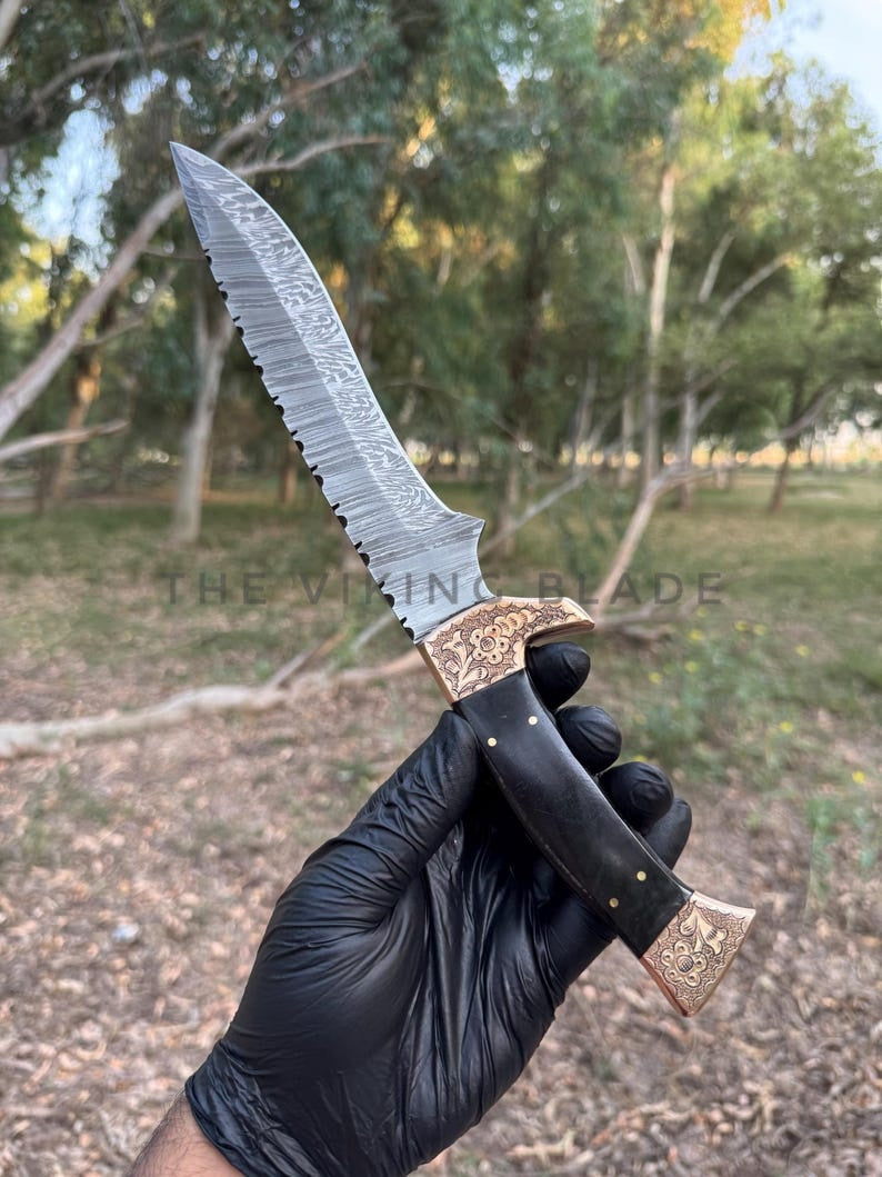 14" Custom Handmade Damascus Steel Bowie Hunting Knife - Chisel Engraved Copper Bolsters - Scrimshaw Handle