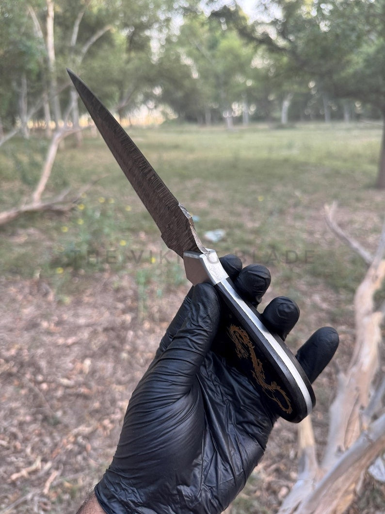 Knife held by a gloved hand with a natural outdoor background
