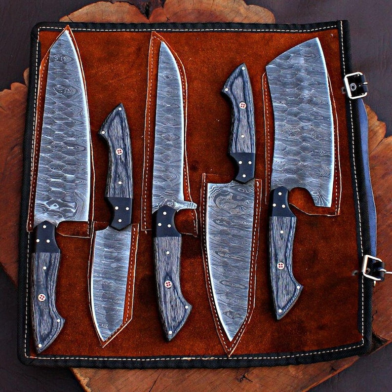 Custom Handmade Damascus Steel Chef Kitchen Knives Set With Leather Roll Kit | The Viking Blade |
