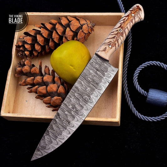 Custom Handmade Damascus Steel Chef Knife Steel Kitchen Boning Knife Pinecone Resin Handle Comes With Genuine Leather Sheath | The Viking Blade |
