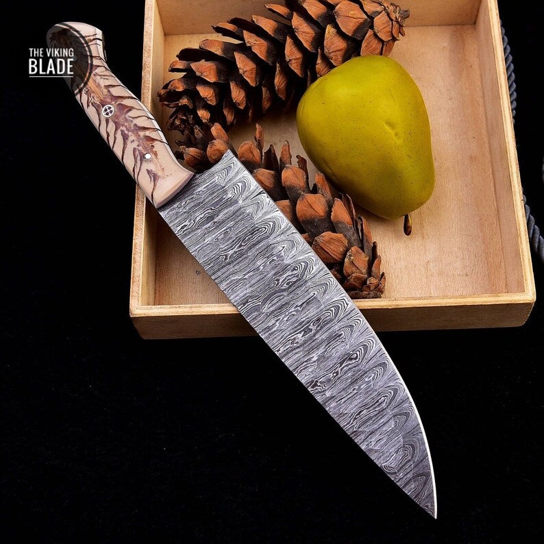 Custom Handmade Damascus Steel Chef Knife Steel Kitchen Boning Knife Pinecone Resin Handle Comes With Genuine Leather Sheath | The Viking Blade |