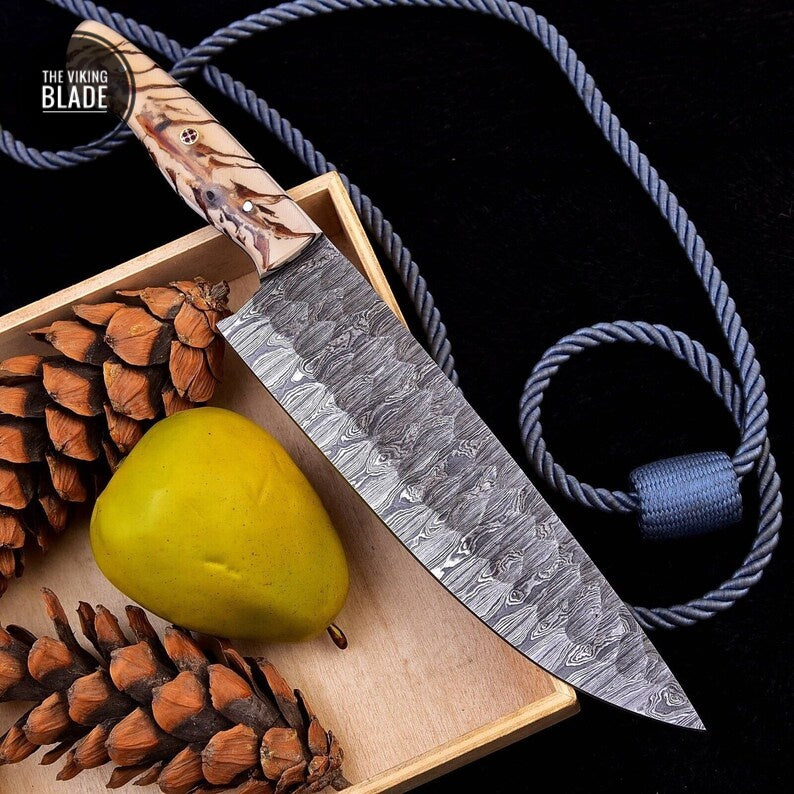 Custom Handmade Damascus Steel Chef Knife Steel Kitchen Boning Knife Pinecone Resin Handle Comes With Genuine Leather Sheath | The Viking Blade |