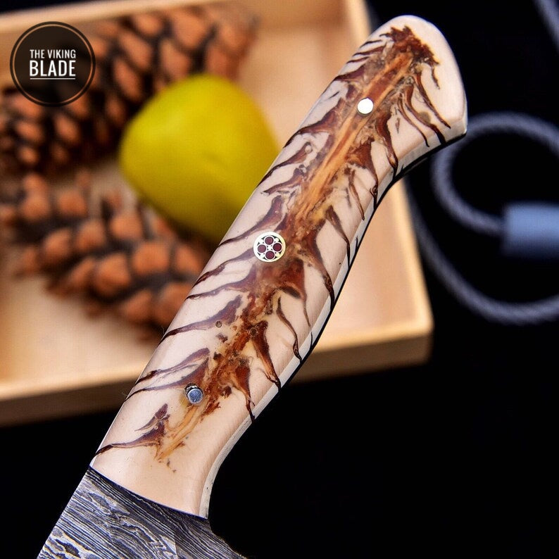 Custom Handmade Damascus Steel Chef Knife Steel Kitchen Boning Knife Pinecone Resin Handle Comes With Genuine Leather Sheath | The Viking Blade |