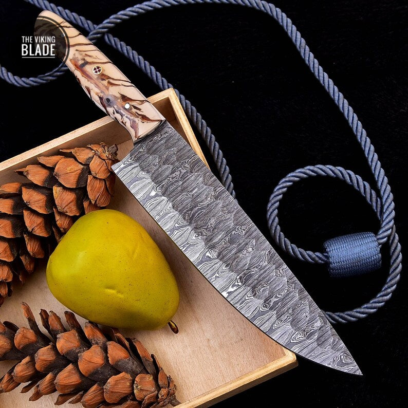 Custom Handmade Damascus Steel Chef Knife Steel Kitchen Boning Knife Pinecone Resin Handle Comes With Genuine Leather Sheath | The Viking Blade |