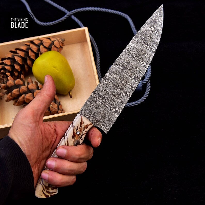 Custom Handmade Damascus Steel Chef Knife Steel Kitchen Boning Knife Pinecone Resin Handle Comes With Genuine Leather Sheath | The Viking Blade |
