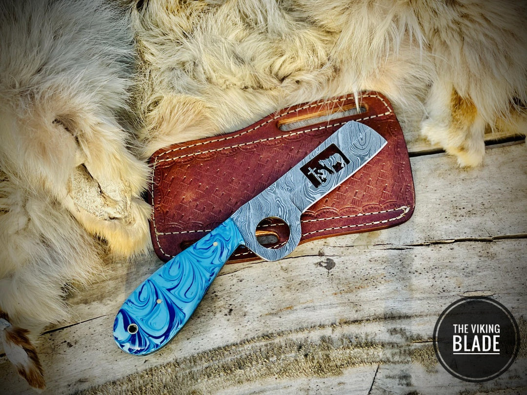 Custom Handmade Damascus Steel Cowboy Bull Cutter Knife With Leather Sheath | The Viking Blade |
