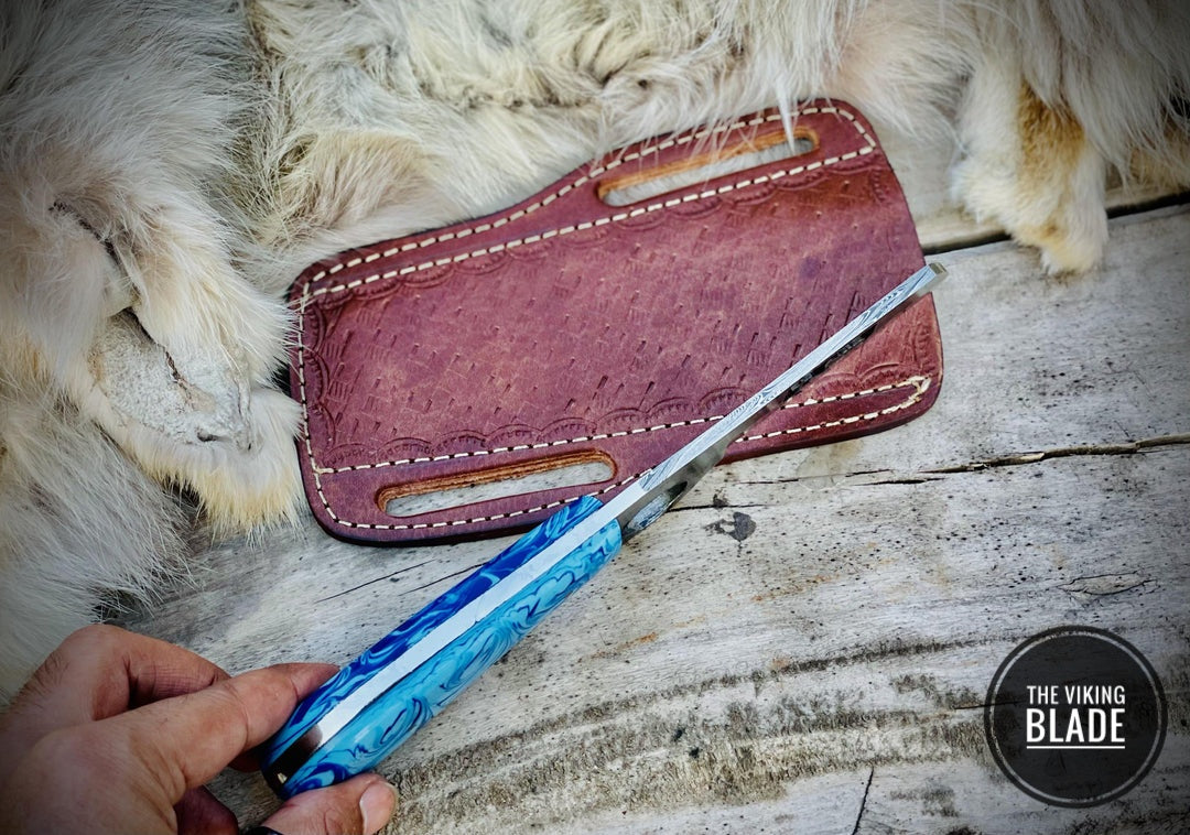 Custom Handmade Damascus Steel Cowboy Bull Cutter Knife With Leather Sheath | The Viking Blade |