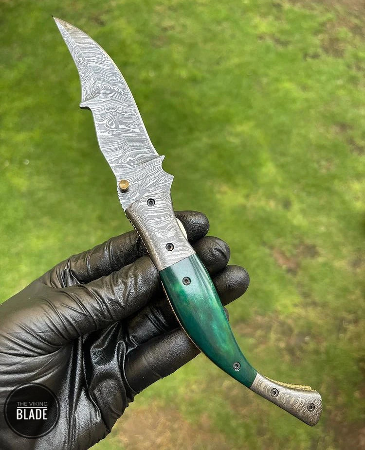 Custom Handmade Damascus Steel EDC Folding Pocket Knife with Leather Sheath – Hand-Forged Blade