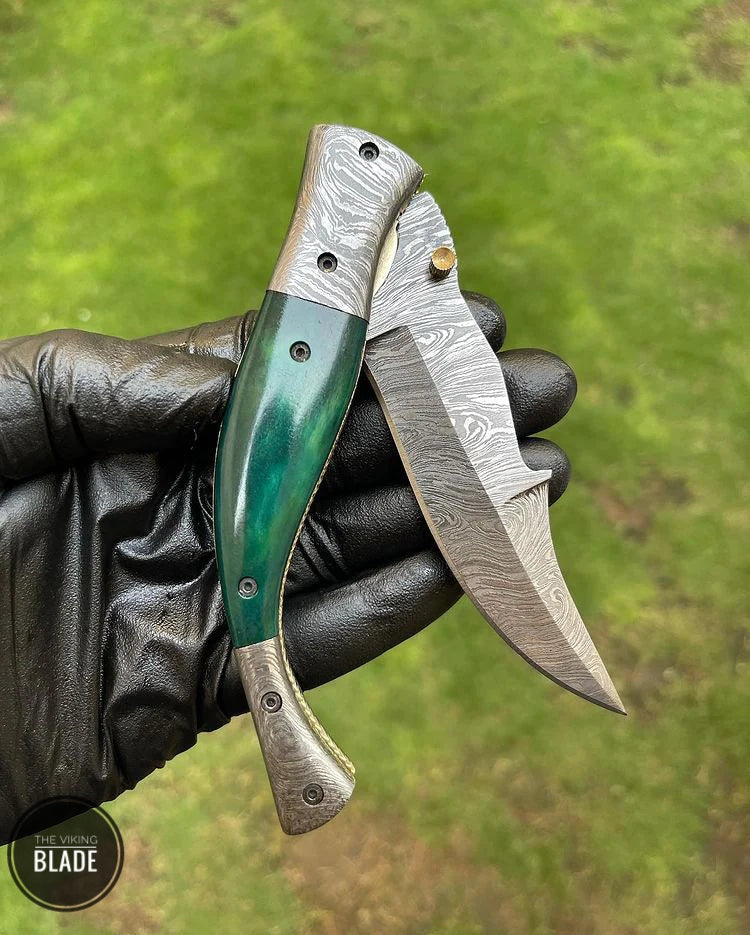 Custom Handmade Damascus Steel EDC Folding Pocket Knife with Leather Sheath – Hand-Forged Blade