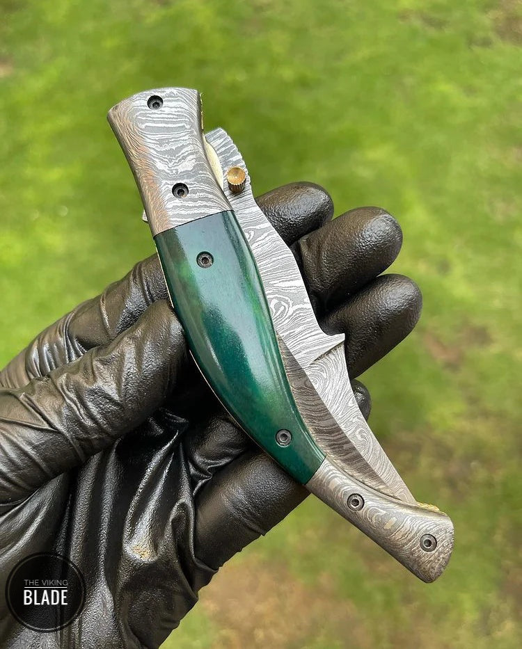 Custom Handmade Damascus Steel EDC Folding Pocket Knife with Leather Sheath – Hand-Forged Blade