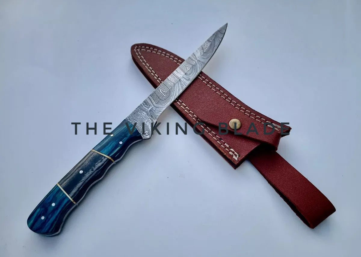 Custom Handmade Damascus Steel Filet Kitchen Knife With Leather Sheath | The Viking Blade |