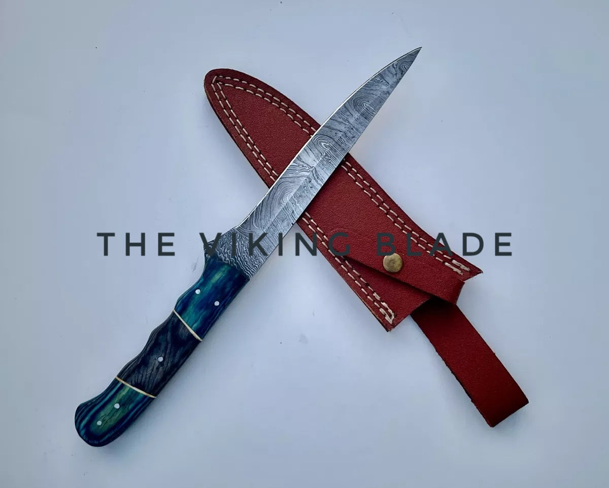 Custom Handmade Damascus Steel Filet Kitchen Knife With Leather Sheath | The Viking Blade |