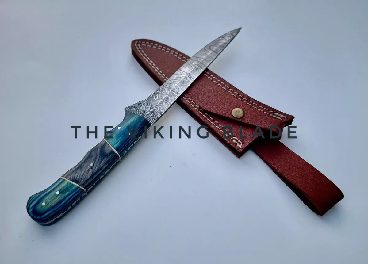 Custom Handmade Damascus Steel Filet Kitchen Knife With Leather Sheath | The Viking Blade |