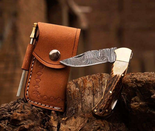 Custom Handmade Damascus Steel Folding Pocket Knife with Genuine Leather Pouch