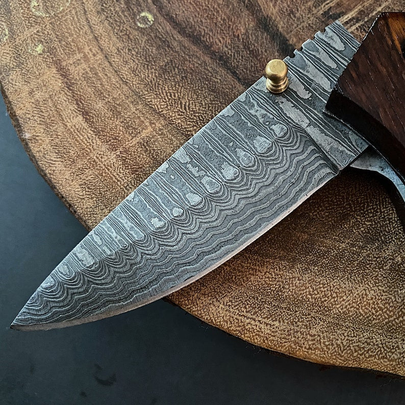 Custom Handmade Damascus Steel Folding Pocket Knife with Genuine Leather Pouch – Hand-Forged EDC Knife