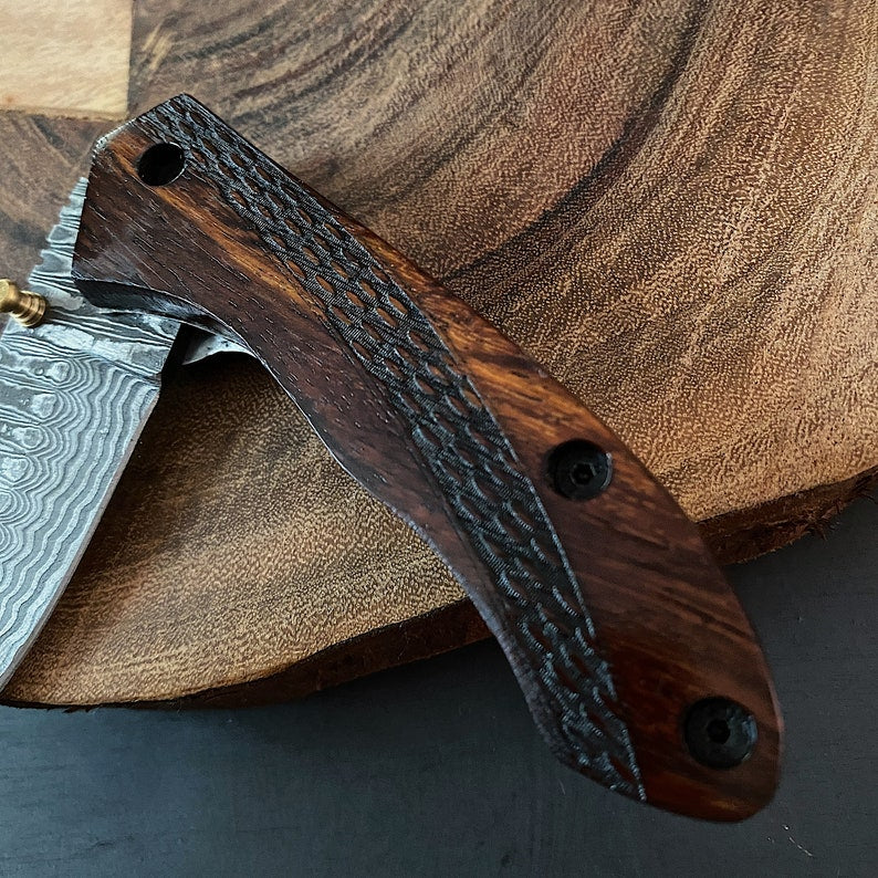 Custom Handmade Damascus Steel Folding Pocket Knife with Genuine Leather Pouch – Hand-Forged EDC Knife