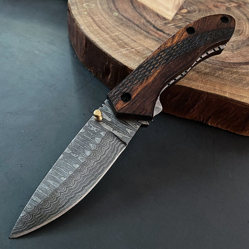 Custom Handmade Damascus Steel Folding Pocket Knife with Genuine Leather Pouch – Hand-Forged EDC Knife