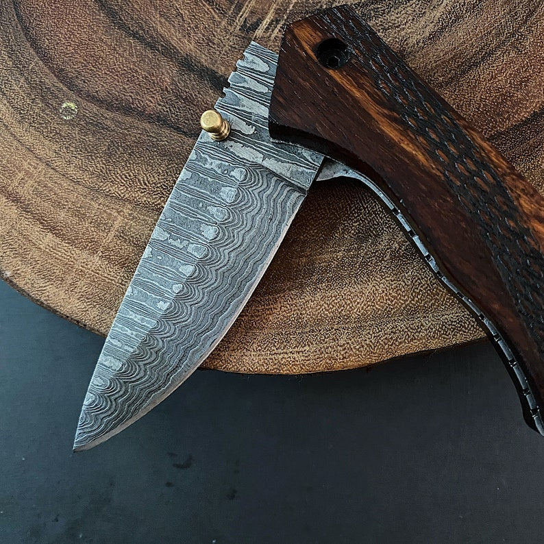 Custom Handmade Damascus Steel Folding Pocket Knife with Genuine Leather Pouch – Hand-Forged EDC Knife