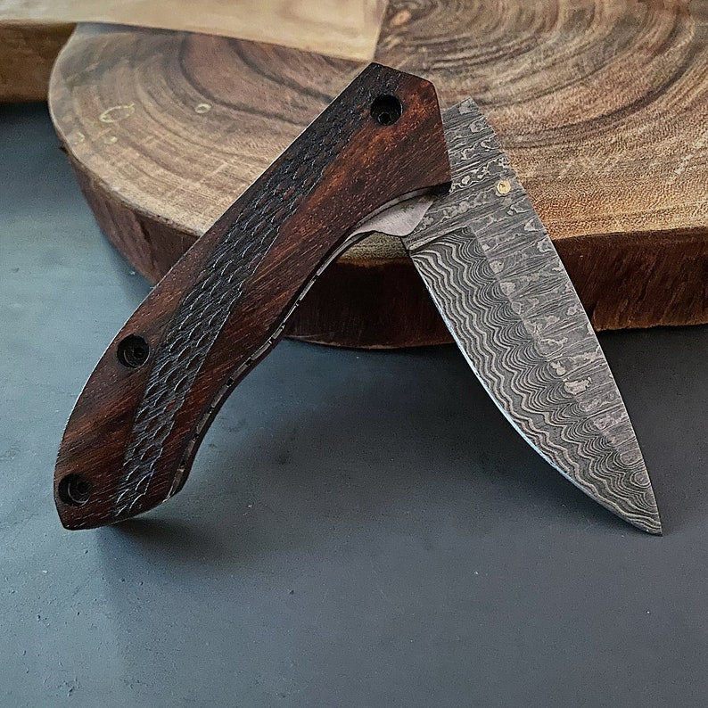 Custom Handmade Damascus Steel Folding Pocket Knife with Genuine Leather Pouch – Hand-Forged EDC Knife