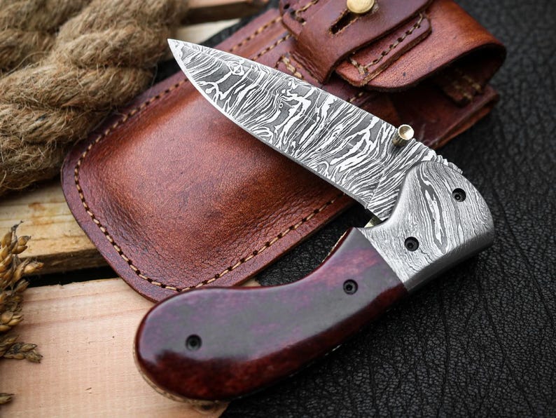 Custom Handmade Damascus Steel Folding Pocket Knife with Genuine Leather Pouch – Hand-Forged EDC & Outdoor Knife