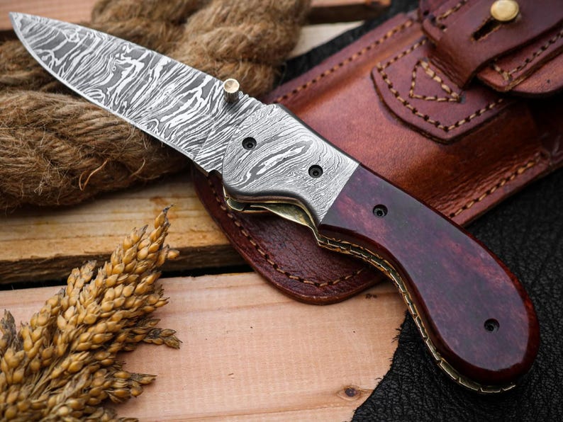 Custom Handmade Damascus Steel Folding Pocket Knife with Genuine Leather Pouch – Hand-Forged EDC & Outdoor Knife