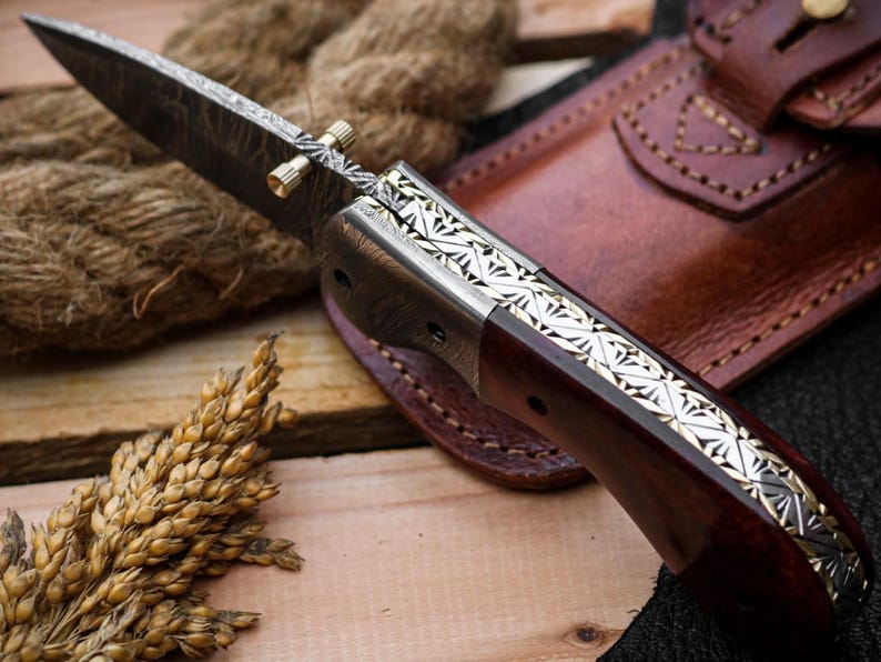 Custom Handmade Damascus Steel Folding Pocket Knife with Genuine Leather Pouch – Hand-Forged EDC & Outdoor Knife