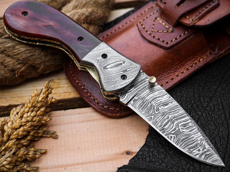 Custom Handmade Damascus Steel Folding Pocket Knife with Genuine Leather Pouch – Hand-Forged EDC & Outdoor Knife