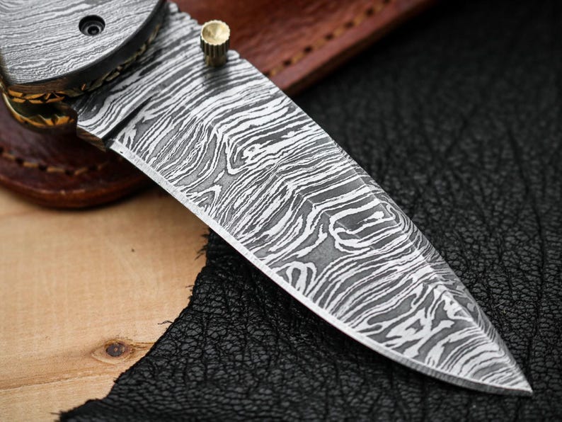 Custom Handmade Damascus Steel Folding Pocket Knife with Genuine Leather Pouch – Hand-Forged EDC & Outdoor Knife