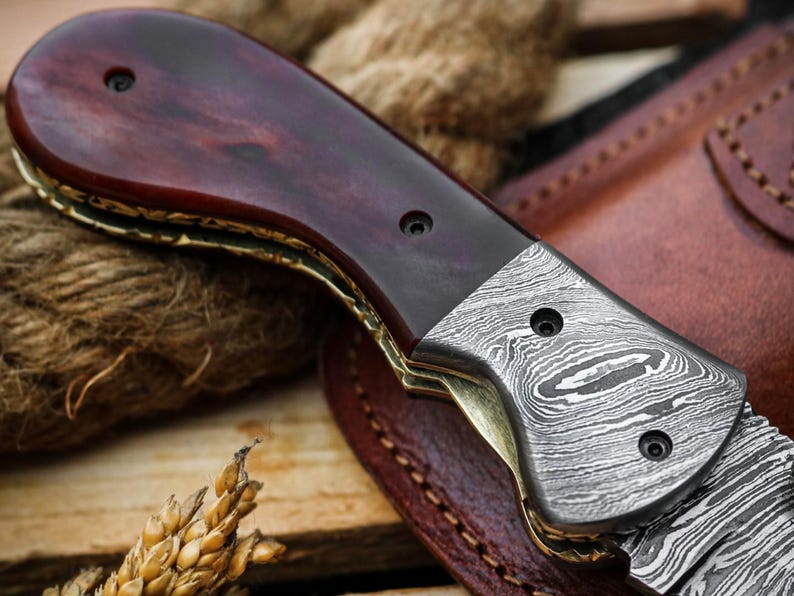 Custom Handmade Damascus Steel Folding Pocket Knife with Genuine Leather Pouch – Hand-Forged EDC & Outdoor Knife