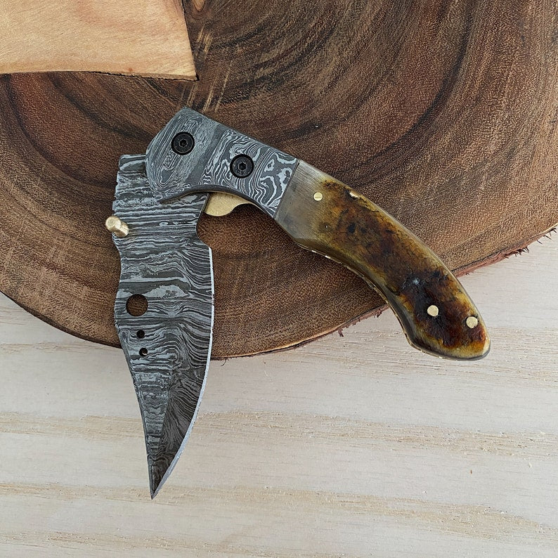 Custom Handmade Damascus Steel Folding Pocket Knife with Genuine Leather Sheath – Hand-Forged EDC Knife