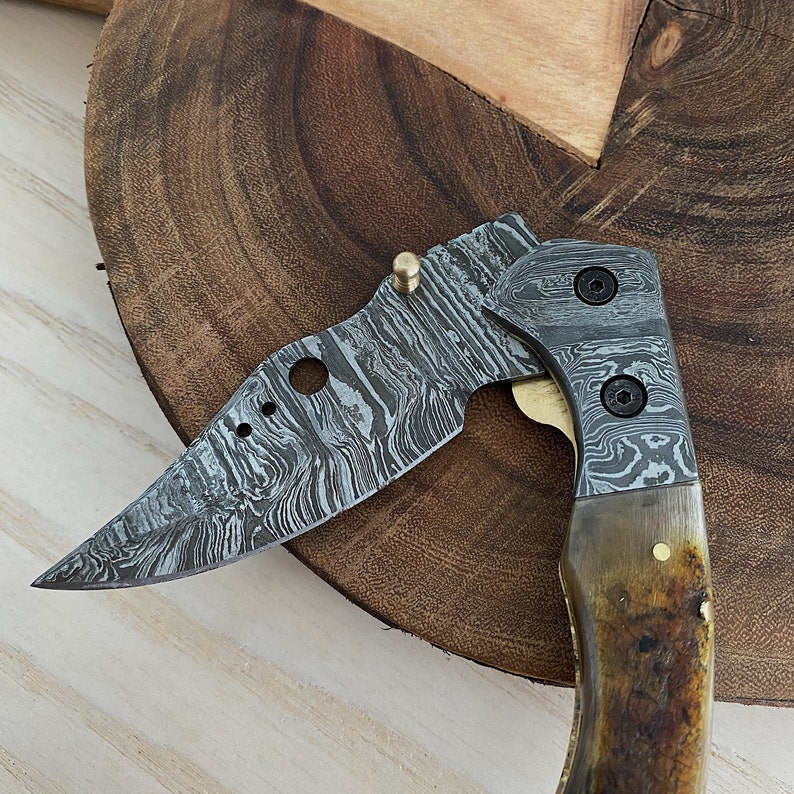 Custom Handmade Damascus Steel Folding Pocket Knife with Genuine Leather Sheath – Hand-Forged EDC Knife