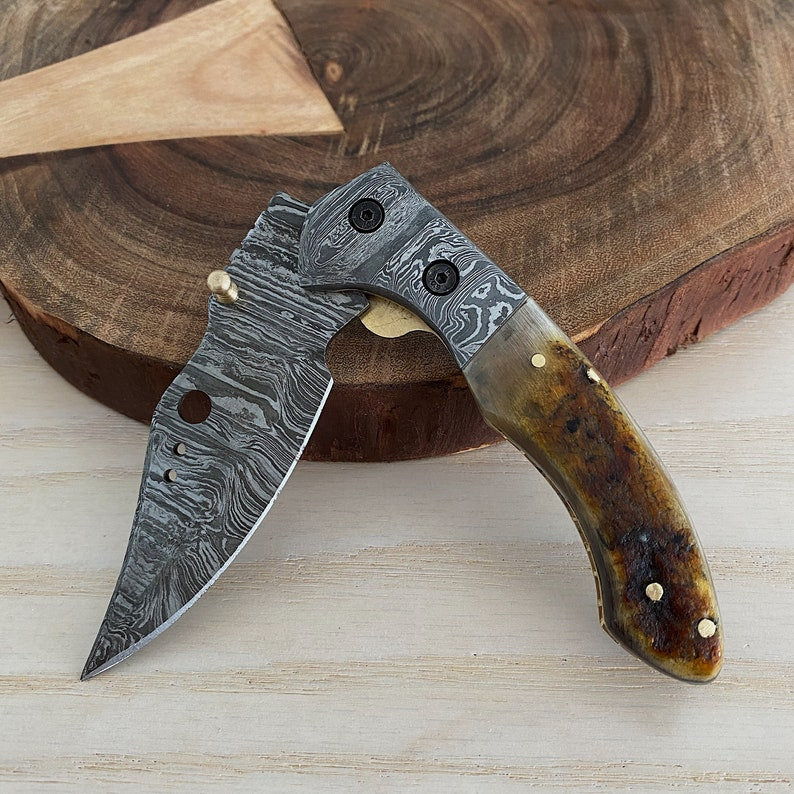 Custom Handmade Damascus Steel Folding Pocket Knife with Genuine Leather Sheath – Hand-Forged EDC Knife