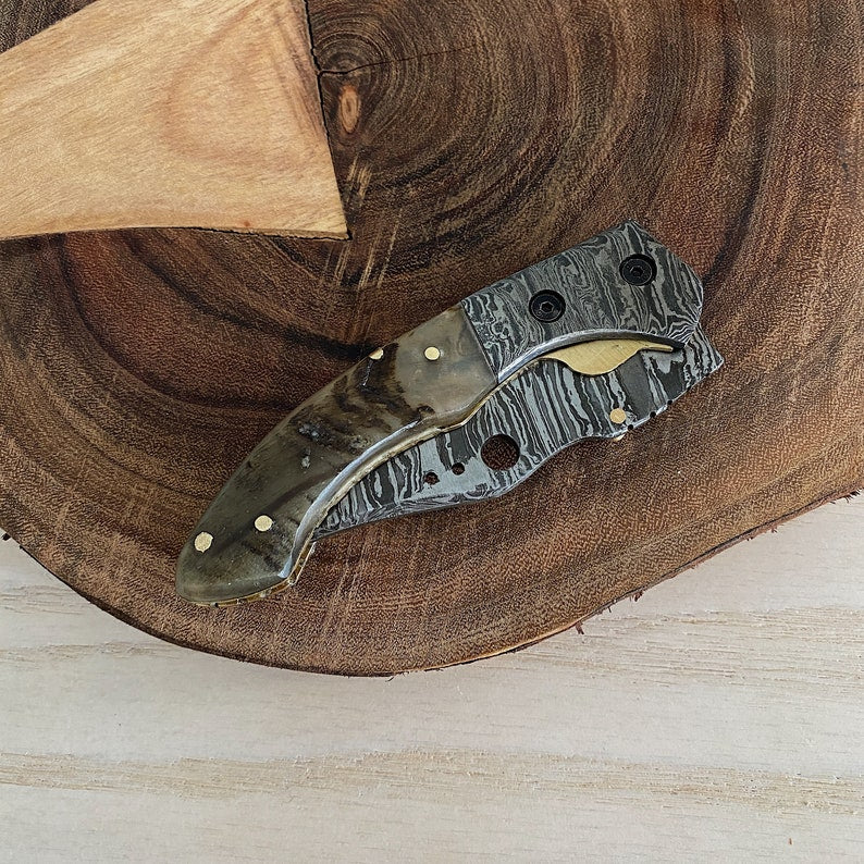 Custom Handmade Damascus Steel Folding Pocket Knife with Genuine Leather Sheath – Hand-Forged EDC Knife