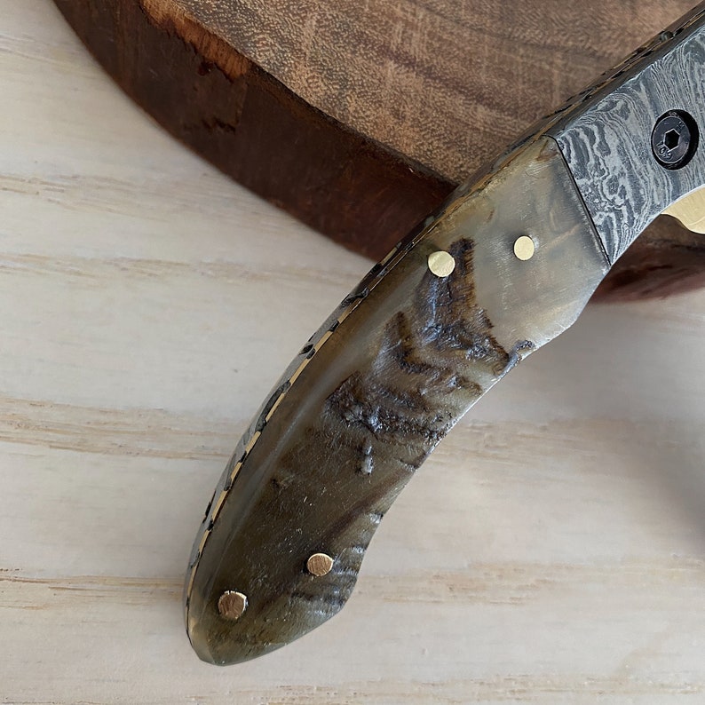 Custom Handmade Damascus Steel Folding Pocket Knife with Genuine Leather Sheath – Hand-Forged EDC Knife