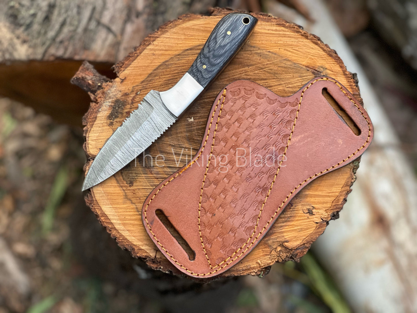 Custom Handmade Damascus Steel Skinner Hunting Knife With Leather Sheath | The Viking Blade |