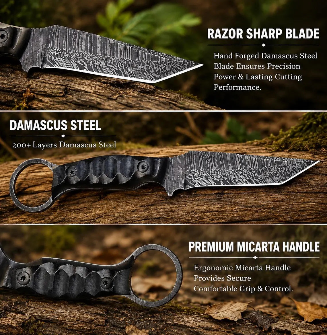 Knife with Damascus steel blade and Micarta handle on a natural background