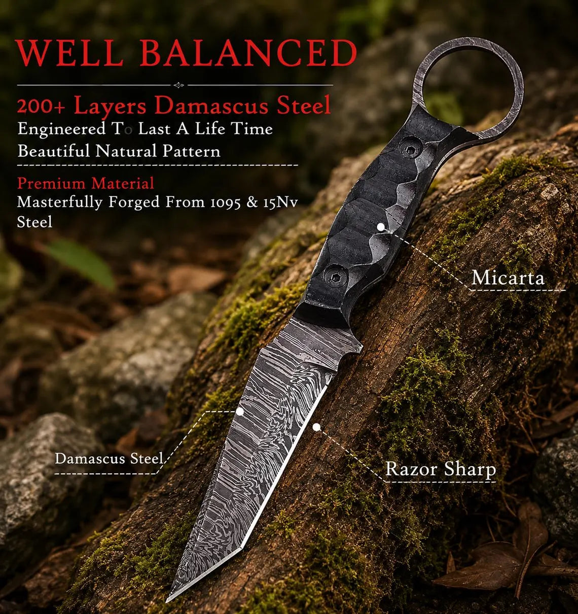 Decorative knife with Damascus steel blade and Micarta handle on a natural background