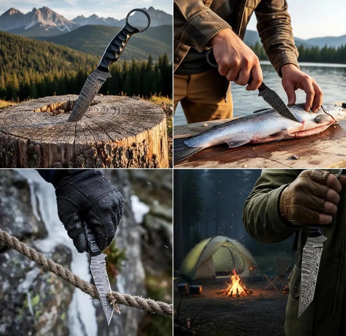 Collage of a knife used for various activities including cutting fish, climbing, and camping.