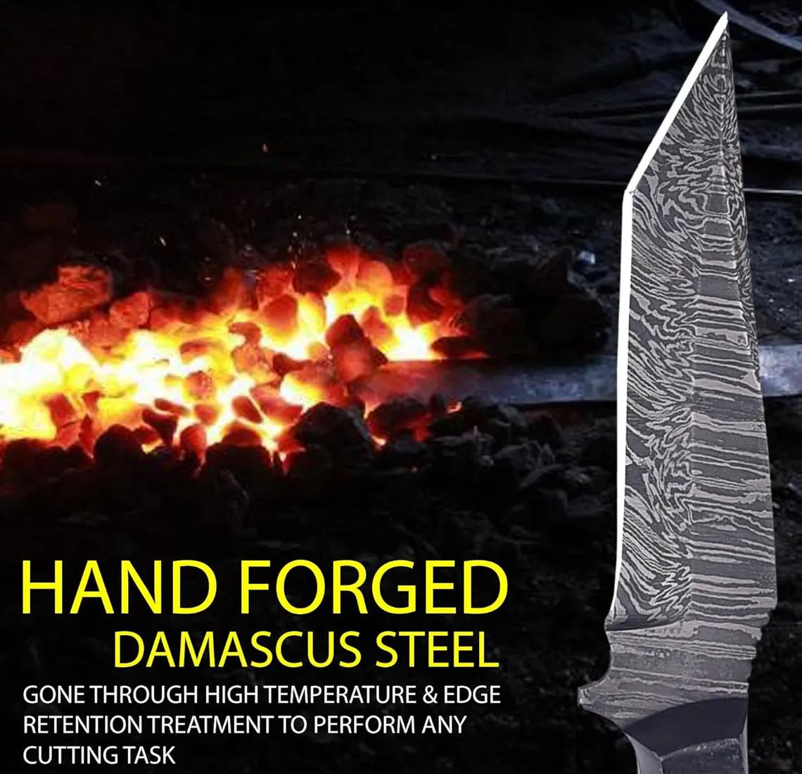 Hand forged Damascus steel knife with glowing coals in the background